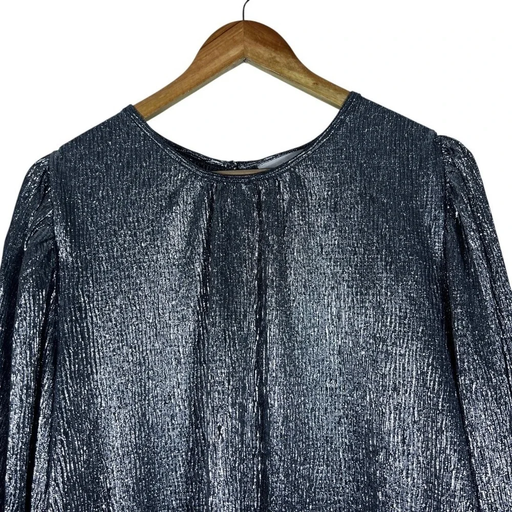Loft Shimmer Metallic Pleated Blouse Silver Holiday Party Puff Sleeve Size L